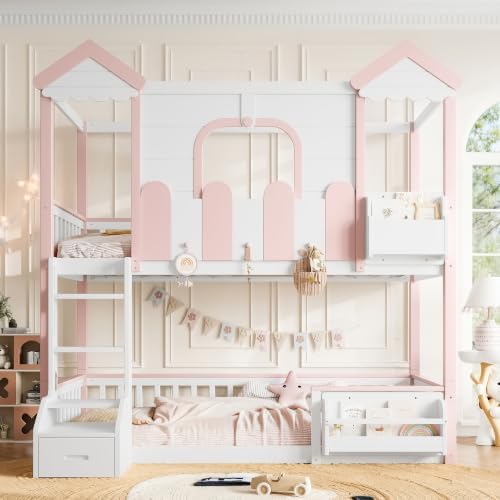 Twin Over Twin House Bunk Bed Frame with Bookshelf and Drawer, White
