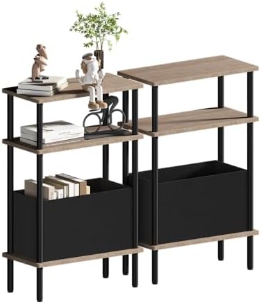 Narrow Side Table with Fabric Basket, Set of 2 End Table for Small Spaces, Slim Nightstand with 3-Tier Storage Shelf, Sofa Beside Table, for Living Room, Bed Room, Natrual Walnut