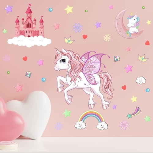 Glow in The Dark Stars Unicorn Wall Decals, Castle Moon Rainbow Stickers for Ceiling, DIY Unicorn Wall Decor for Nursery Girls Playroom, Kids Christmas Birthday Party Decoration