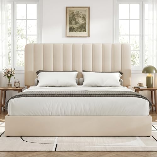 VECELO King Size Upholstered Bed Frame with 4 Drawers and Headboard, Velvet Platform Storage Bedframe, Wooden Slats Support, No Box Spring Needed,Bone Beige