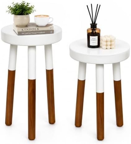 LitaEther Modern Side Table Set of 2, Solid Wood Accent Table,12" D x 12" W x 20" H & 12" D x 12" W x 18" H Small End Table for Living Room Bedroom, Plant Stand, Bathroom Stool, Pedestal Drink Table