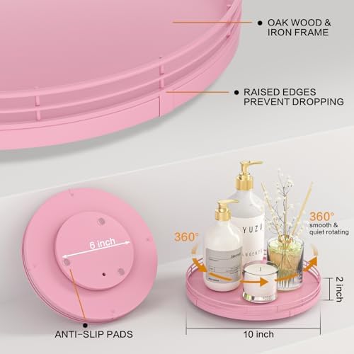 Oroyutor 10-Inch Oak Lazy Susan Vanity Tray, Pink Finish