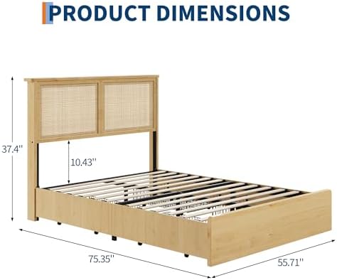coucheta Bohemian Full Rattan Bed LED Natural Headboard Bedroom