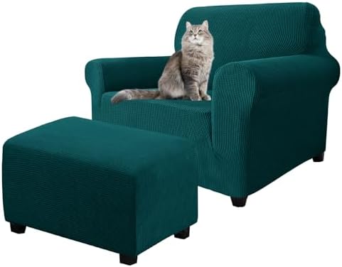 2 Piece Stretch Chair and Ottoman Cover Set, Jacquard Accent Armchair and Foot Stool Slip Cover, Non-Slip Slipcover for Chair with Footrest (Teal,2 Pieces Set)