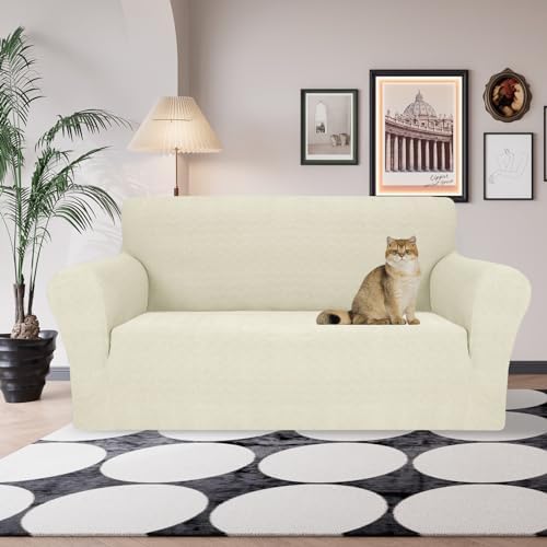 JIVINER Stretch Loveseat Slipcovers 1 Piece Love Seat Sofa Cover Spandex 2 Seater Couch Covers Universal Furniture Protector with Elastic Bottom (Medium, Beige Rhomb)