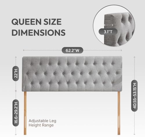 Kingfun Tufted Upholstered Queen Size Bed Headboard in Modern Button Design, Adjustable Solid Wood Head Board, Premium Linen Fabric Padded Headboards in Bedroom (Smoky Grey)