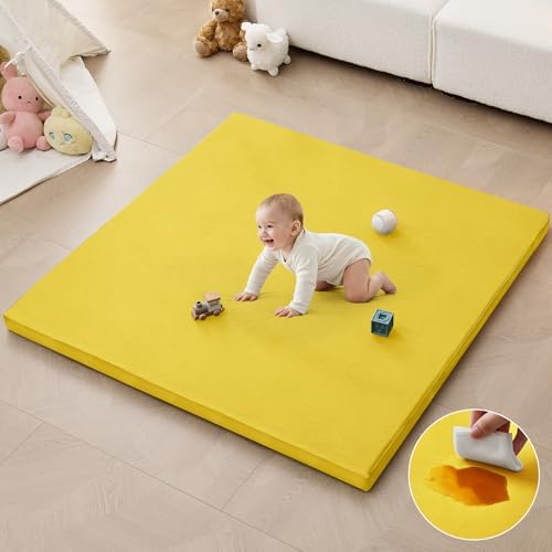 Waterproof Baby Play Mat for Floor Memory Foam 47 * 47 Cushion Playpen Playmat Tummy Time Crawling Mat Nursery Rug Thick Pad Create Soft & Safe Area for Infants,Toddler,Kid,Yellow