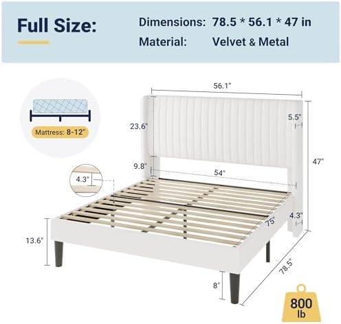 Allewie Full Size Velvet Bed Frame/Vertical Channel Tufted Wingback Headboard/Upholstered Platform Bed/Strong Wooden Slats/No Box Spring Needed/Easy Assembly/White