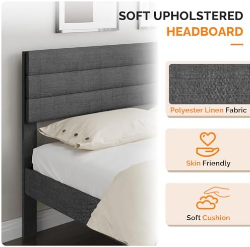 VINGLI Queen Upholstered Platform Bed Frame with Headboard,Linen Dark Gray