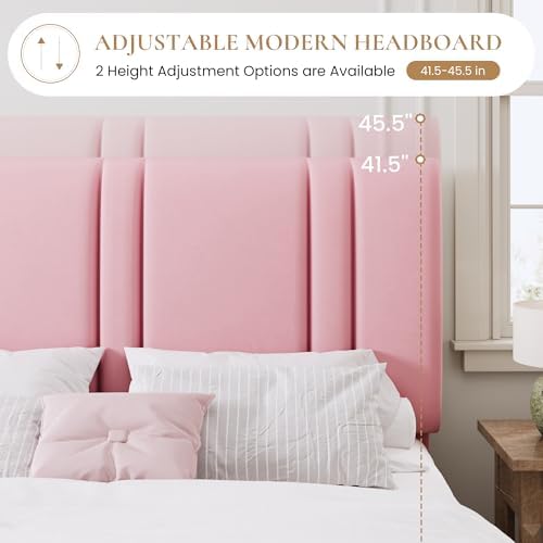 SHA CERLIN King Size Velvet Bed Frame with Adjustable Headboard, Pink