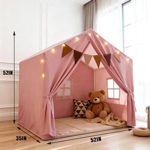 Kids Play Tent, Indoor Playhouse with Mat/Star Lights/Flag - Large 52"x35"x52" Play Tent for Kids, Reading Nook & Playroom Canopy for Boys and Girls (Pink)