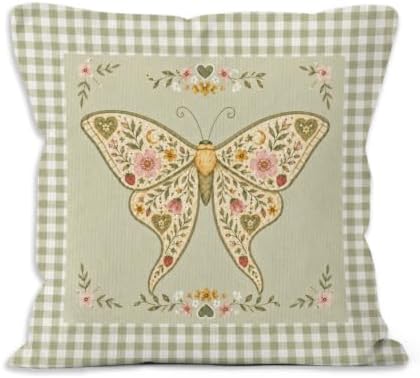 Cottagecore Luna Moth Green Gingham Throw Pillow Cover 18x18