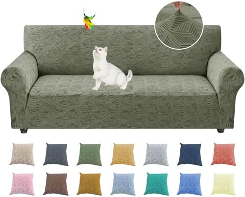 YEMYHOM 1 Piece Stretch Couch Covers for 3 Cushion Couch, Jacquard Sofa Cover with Non-Slip Elastic Bottom, Thickened Slipcover Furniture Protector for Dogs Pets (Large, Army Green）