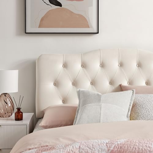 Modway Annabel Performance Velvet Adjustable King Headboard in Alabaster - Stain-Resistant Padded Headboard Only with Diamond Button Tufting and 7 Height-Adjustable Positions
