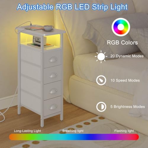 sthmec Side Table with Charging Station, Narrow End Table with 4 Drawers, LED Nightstands with Fabric Drawers,Slim Sofa Couch Side Tables for Small Spaces,Living Room,Bedroom, White