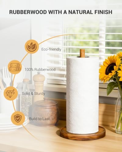 NESAPTO Paper Towel Holder Countertop, Wooden Standing Paper Towel Roll Stand for Rustic Farmhouse & Cottagecore Decor, Kitchen Bathroom Essential, Brown