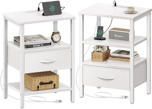 SUPERJARE Nightstand Set of 2 with Charging Station, USB-C Port, End Tables