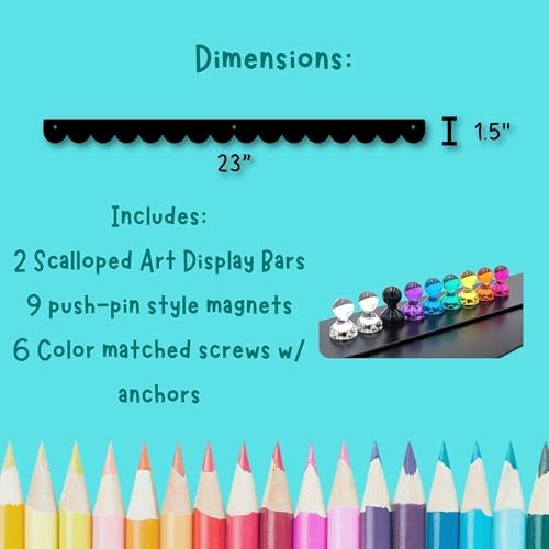 Scalloped Magnetic Art Display for Kids Artwork & Photos (Set of 2) – Kids Artwork Display for Wall – Magnetic Photo Display Strips with Push-Pin Magnets (Black, 23in)