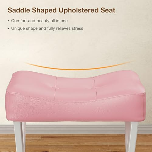 Memobarco 18-Inch Leather Vanity Stool Chair, Pink Saddle Vanity Stool