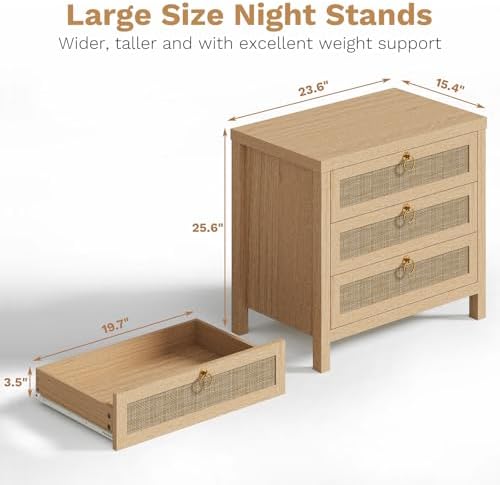 Eclatara Large Rattan Night Stand Set of 2 Boho Nightstand with 3 Drawers