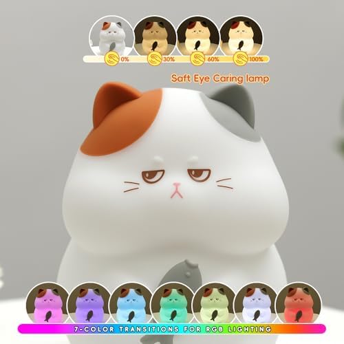 Cat Night Light, LED Squishy Animal Night Lamp Rechargeable, Novelty Nursery Lamp Nightlight, 7 Colors with 3 Levels Dimmable/Timmer Touch Lamp for Bedroom, Home Decor Cute Gifts for Girls Boys Adults