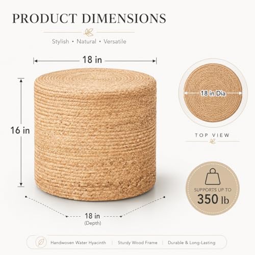 18'' Boho Ottoman Pouf Natural Water Hyacinth Rustic Handmade Lounge Pouffe