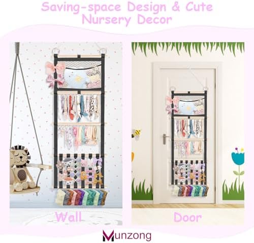 Munzong Headband Holder 52x17 inch, Black Bow Holder for Baby Girls,4 Tier Large Capacity Wall Hanging Headband Shelf w/Mesh Bag,Nursery Hair Accessories Organizer Display Rack for Toddler Kids Women