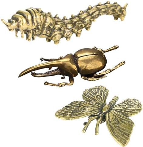 3PC Beetle Caterpillar Butterfly Sculpture Solid Metal Brass Animal Figurine Mini Insect Statue Ornament for Home Office Garden Desktop Decor Scene Decoration (Beetle + Caterpillar + Butterfly)