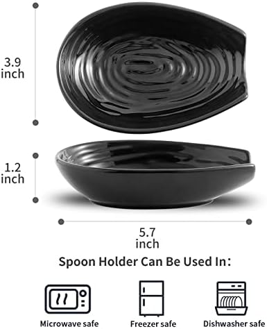 Hasense Spoon Rest for Stove Top, Spoon Holder for Kitchen Counter, Ceramic Cooking Spoon Holder for Ladle Spatula Tong and Spoon, Kitchen Utensil Rest for Home Coffee Bar Decor, Black, 2 PCS