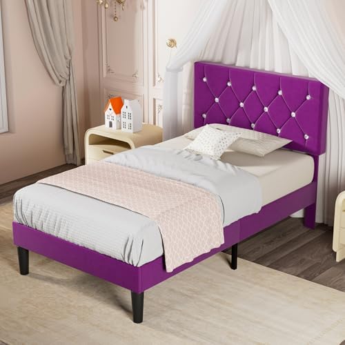 VECELO Twin Size Bed Frame with Diamond Tufted Headboard, Upholstered Platform Bedframe with Wood Slat Support, No Box Spring Needed, Royal Purple