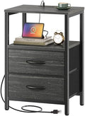 Huuger Nightstand with Charging Station, Side Table with Fabric Drawers