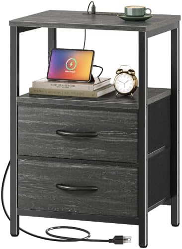 Huuger Nightstand with Charging Station, Side Table with Fabric Drawers