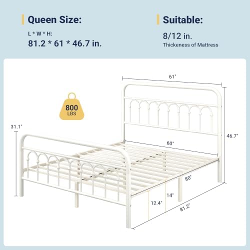 Allewie Queen Size Metal Platform Bed Frame with Headboard, Cream