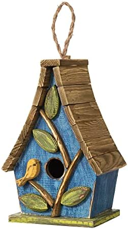 Glitzhome Hanging Bird House for Outdoor, 9.5"H Decorative Pet Cottage Distressed Wooden Bird House with Natural Wood Slatted Roof and 3D Tree for Bluebird Swallow Sparrow Finch Cardinals,Washed Blue