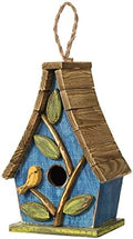 Glitzhome Hanging Bird House for Outdoor, 9.5"H Decorative Pet Cottage Distressed Wooden Bird House with Natural Wood Slatted Roof and 3D Tree for Bluebird Swallow Sparrow Finch Cardinals,Washed Blue