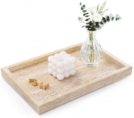 Marble Bathroom Tray for Countertop & Home Decor, Natural Decorative Marble Tray for Jewelry & Perfume Organizer, Stone Vanity Trays for Dresser, Kitchen Counter, 12" x 8", Beige Travertine