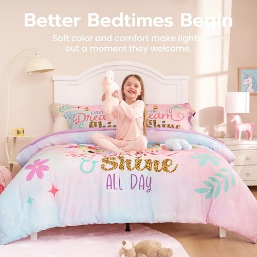 Joiedomi Kids Comforter Set Bedding Set for Boys Girls Super Soft Microfiber Bed in a Bag with Comforter Sheets Pillowcase Sham, Pink Purple Unicorn, Twin