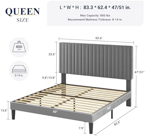 Allewie Queen Bed Frame, Velvet Upholstered Platform Bed with Adjustable Vertical Channel Tufted Headboard, Mattress Foundation with Strong Wooden Slats, Box Spring Optional, Easy Assembly, Grey