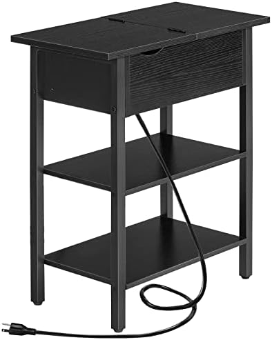 HOOBRO Side Table, Flip End Table with Charging Station and Shelves, USB Ports & Power Outlets, Narrow Nightstand for Small Spaces, Stable and Sturdy, for Living Room, Black BK341BZ01