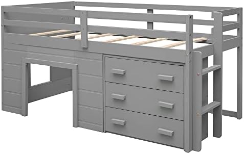 Bellemave Twin Size Low loft Bed for Kids,Wood Modern Farmhouse Twin Loft Bed with and Drawer Storage, No Box Spring Needed, Gray
