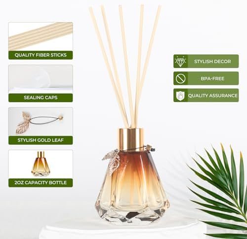 Reed Diffuser Set - 4 Empty Bottles with 20 Sticks, Delicate Gold Leaf Decor, Glass Fragrance Diffuser with Lids for Home, Bathroom | Refillable, Diamond Style (4 PCS Gold)
