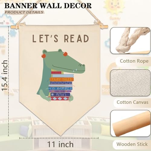 Let's Read-Cute Crocodile Wall Decor Gift for Baby Boys Girls Kids-Canvas Hanging Flag Pennant Banner Wall Decor Gift for Classroom Nursery Homeschool Baby Room Playroom Reading Room Bedroom