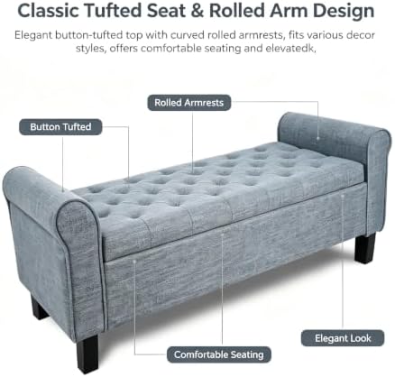 51 Inch Dark Gray Linen Storage Ottoman Bench with Rolled Armrests