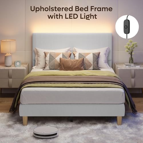 Bestier Full Bed Frame with Adjustable Headboard,LED Light,Light Grey