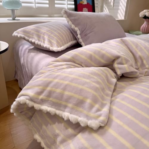 AOJIM Milk Velvet Duvet Cover Set Queen Vintage Lilac Striped Bedding 3Pcs