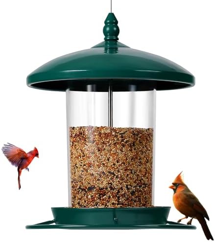 Metal Bird Feeder for Outdoors Hanging,3.0LB Seed Feeder,Easy to Fill & Clean,360° Feeding,Chew Proof Weatherproof Roof for Gardens and Wild Birds,Green