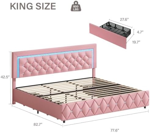 Pink King Size Bed Frame with LED Lights and Diamond Tufted Headboard