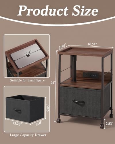 Faesun Night Stand with Charging Station & Swivel Tray Top, Walnut Gray