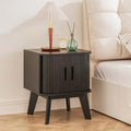Nightstand with Sliding Roller Shutter Doors&Solid Wood Legs,Black