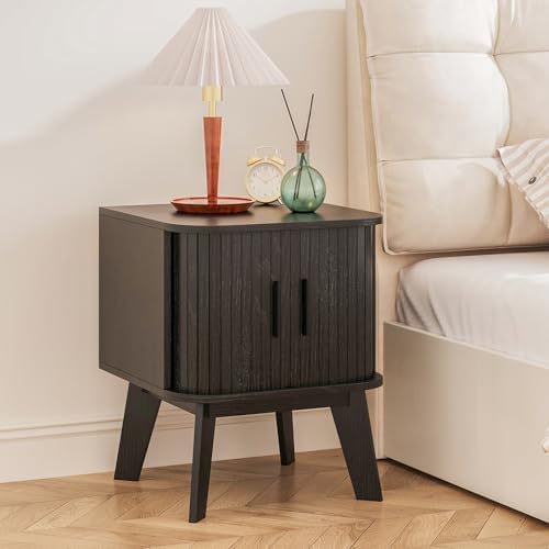 Nightstand with Sliding Roller Shutter Doors&Solid Wood Legs,Black